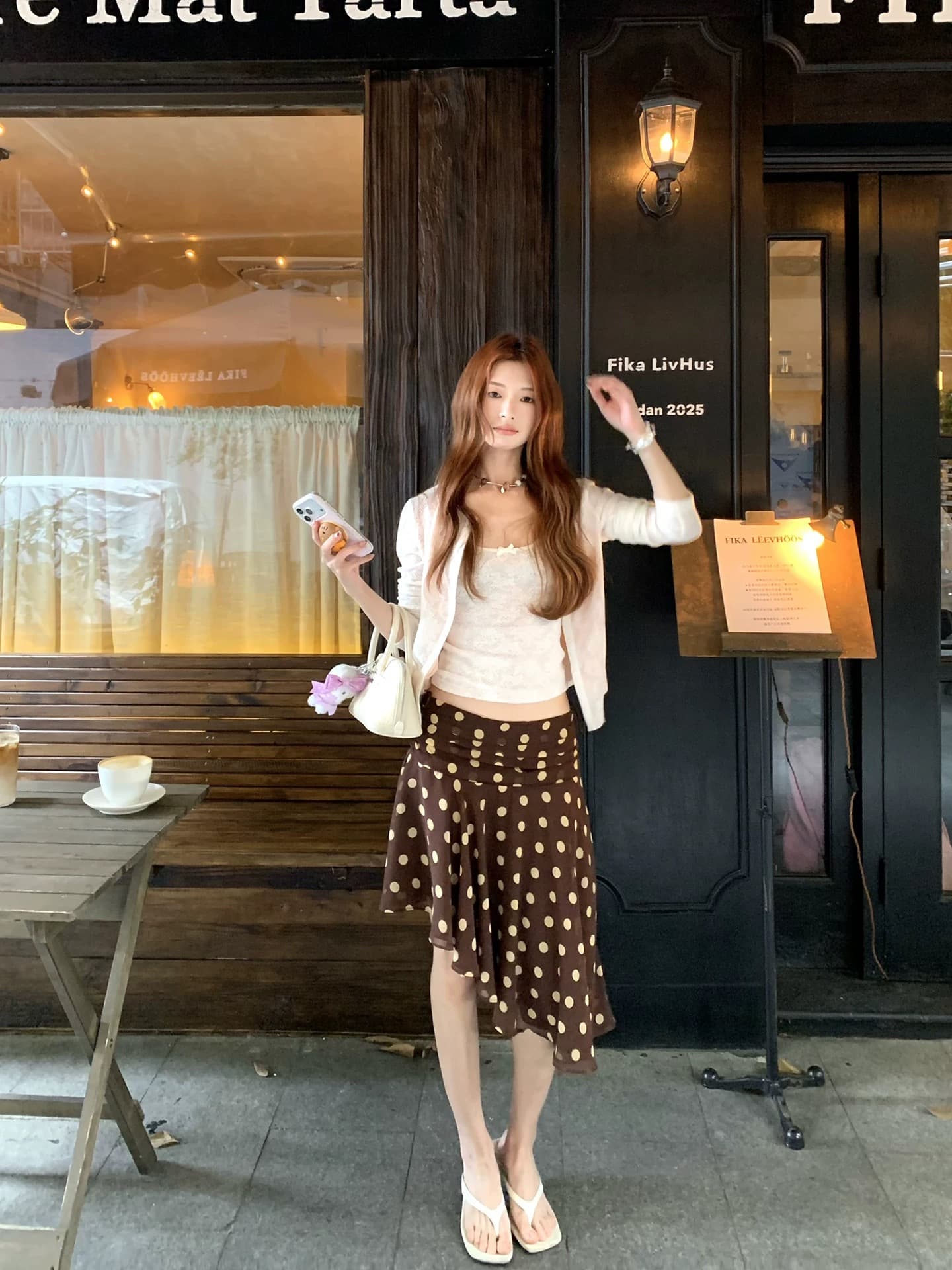 중간 허리 도트 무늬 치마 아이들 봄 여름 레트로 슬림해 보이는 명중 Pleat 비대칭 반신 스커트 이미지 2