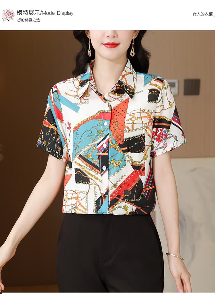 항저우 실크 여성 셔츠 2026 새로운 여름 드레스 폴로 칼라 프린트 외국 가스 패션 반팔 엄마 뽕나무 누에 실크 맨위 상세 이미지 10