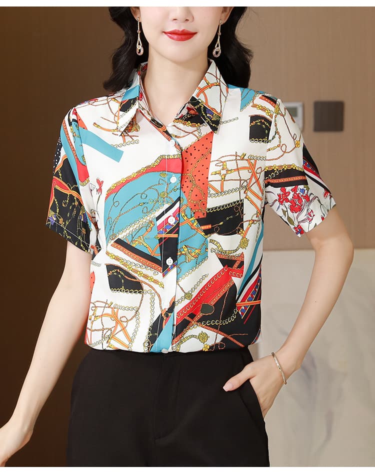 항저우 실크 여성 셔츠 2026 새로운 여름 드레스 폴로 칼라 프린트 외국 가스 패션 반팔 엄마 뽕나무 누에 실크 맨위 상세 이미지 12