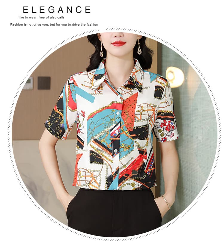 항저우 실크 여성 셔츠 2026 새로운 여름 드레스 폴로 칼라 프린트 외국 가스 패션 반팔 엄마 뽕나무 누에 실크 맨위 상세 이미지 15