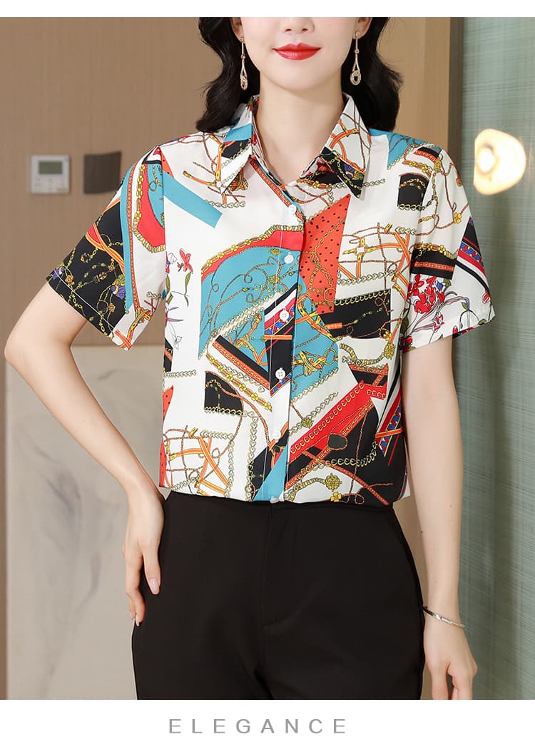 항저우 실크 여성 셔츠 2026 새로운 여름 드레스 폴로 칼라 프린트 외국 가스 패션 반팔 엄마 뽕나무 누에 실크 맨위 상세 이미지 16