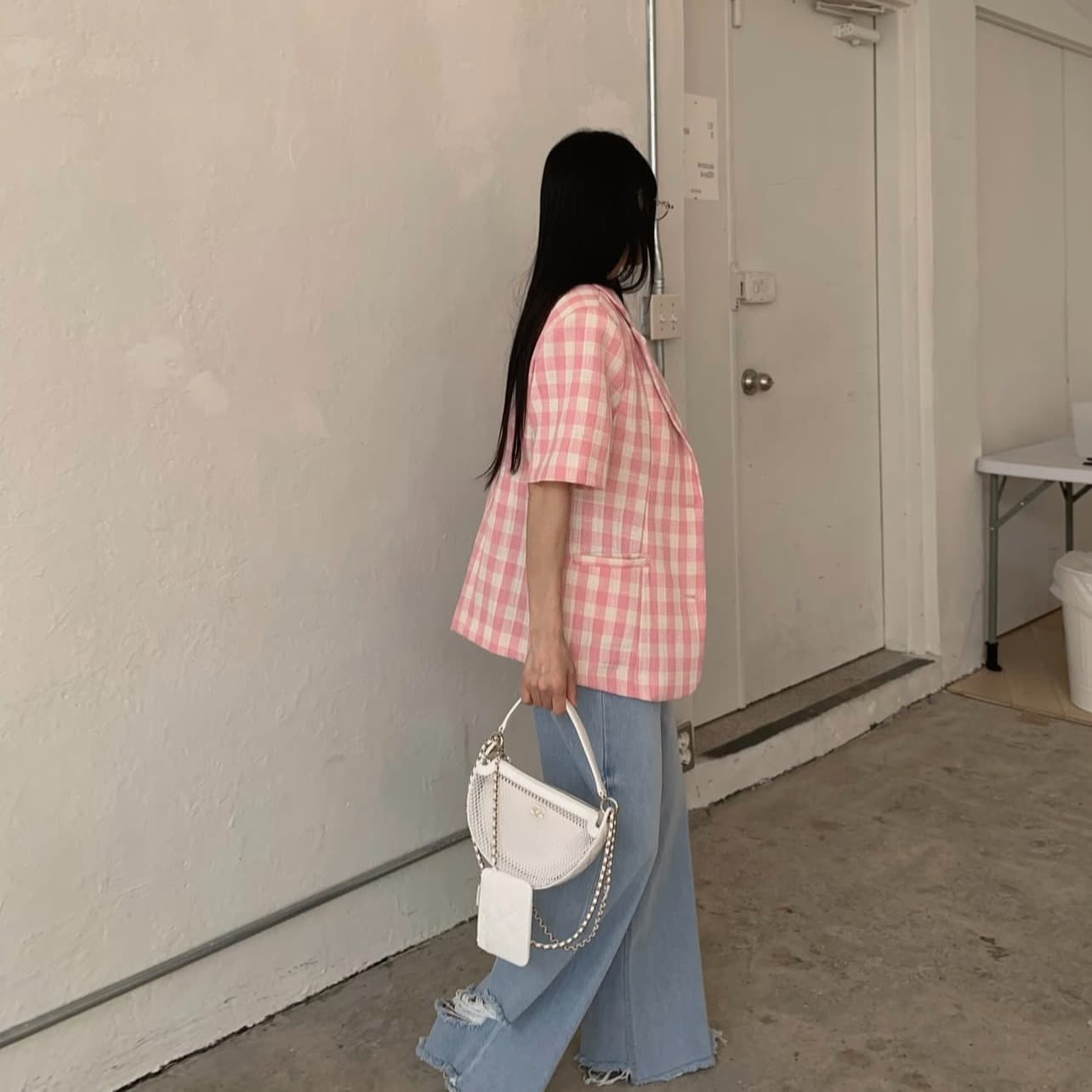 한국 ins 고유 한 패치워크 색상 체크무늬 부서 버클 폴로 칼라 반팔 블레이저 이미지 2