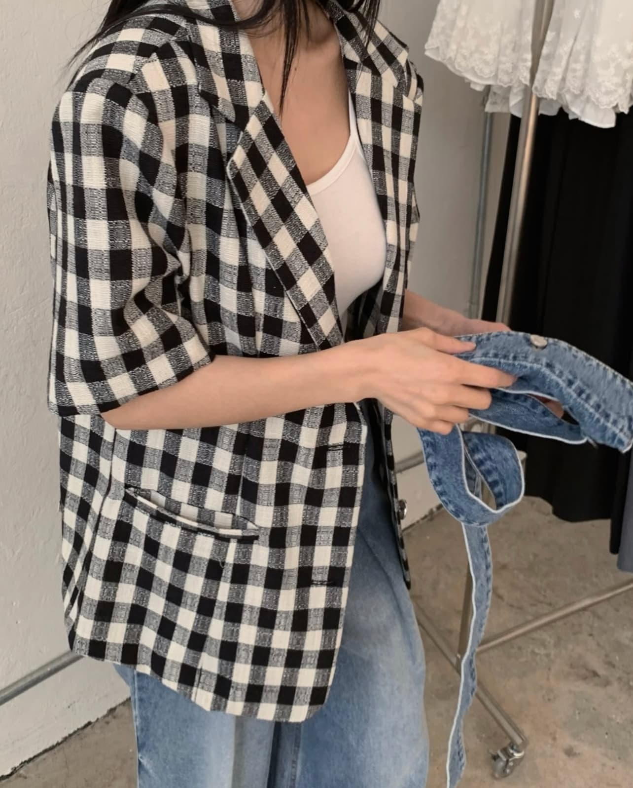 한국 ins 고유 한 패치워크 색상 체크무늬 부서 버클 폴로 칼라 반팔 블레이저 상세 이미지 4