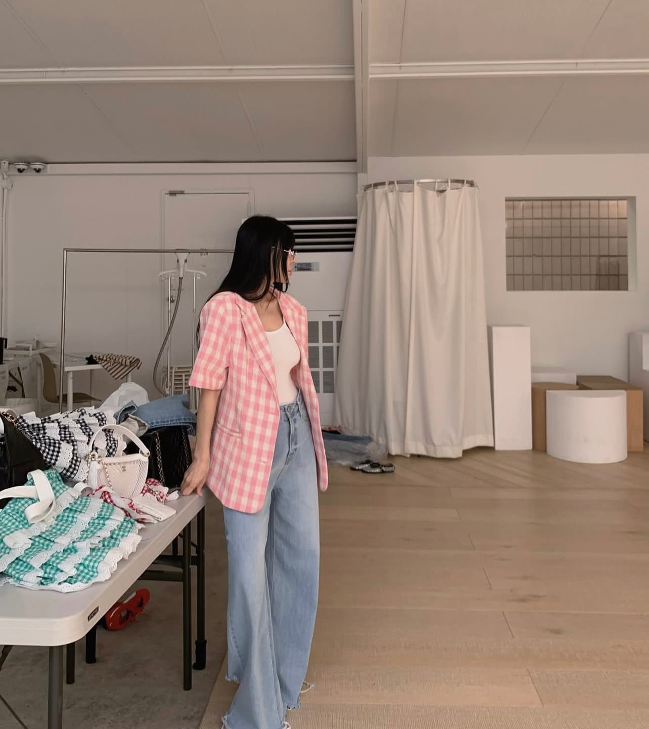 한국 ins 고유 한 패치워크 색상 체크무늬 부서 버클 폴로 칼라 반팔 블레이저 상세 이미지 10