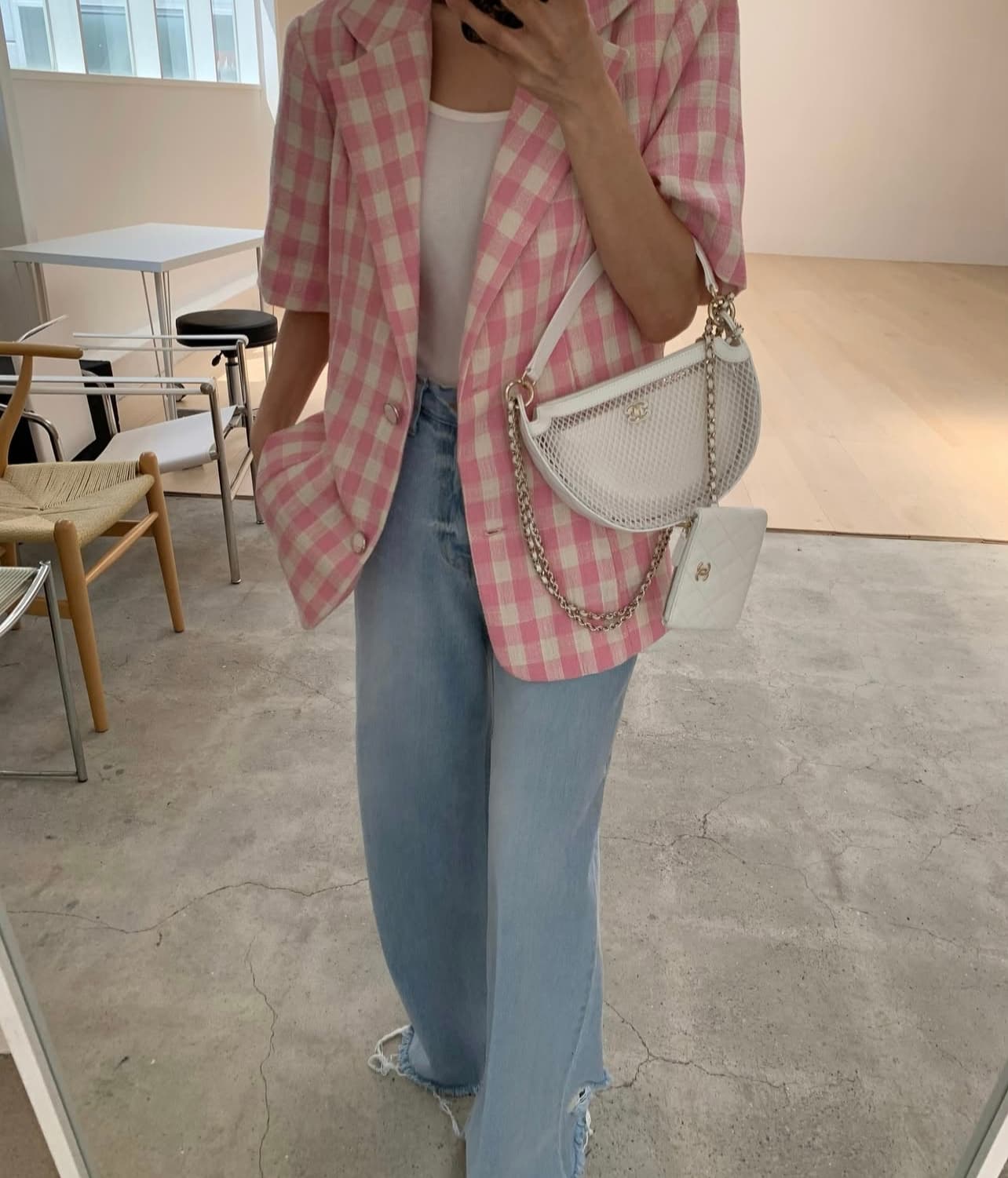 한국 ins 고유 한 패치워크 색상 체크무늬 부서 버클 폴로 칼라 반팔 블레이저 상세 이미지 14