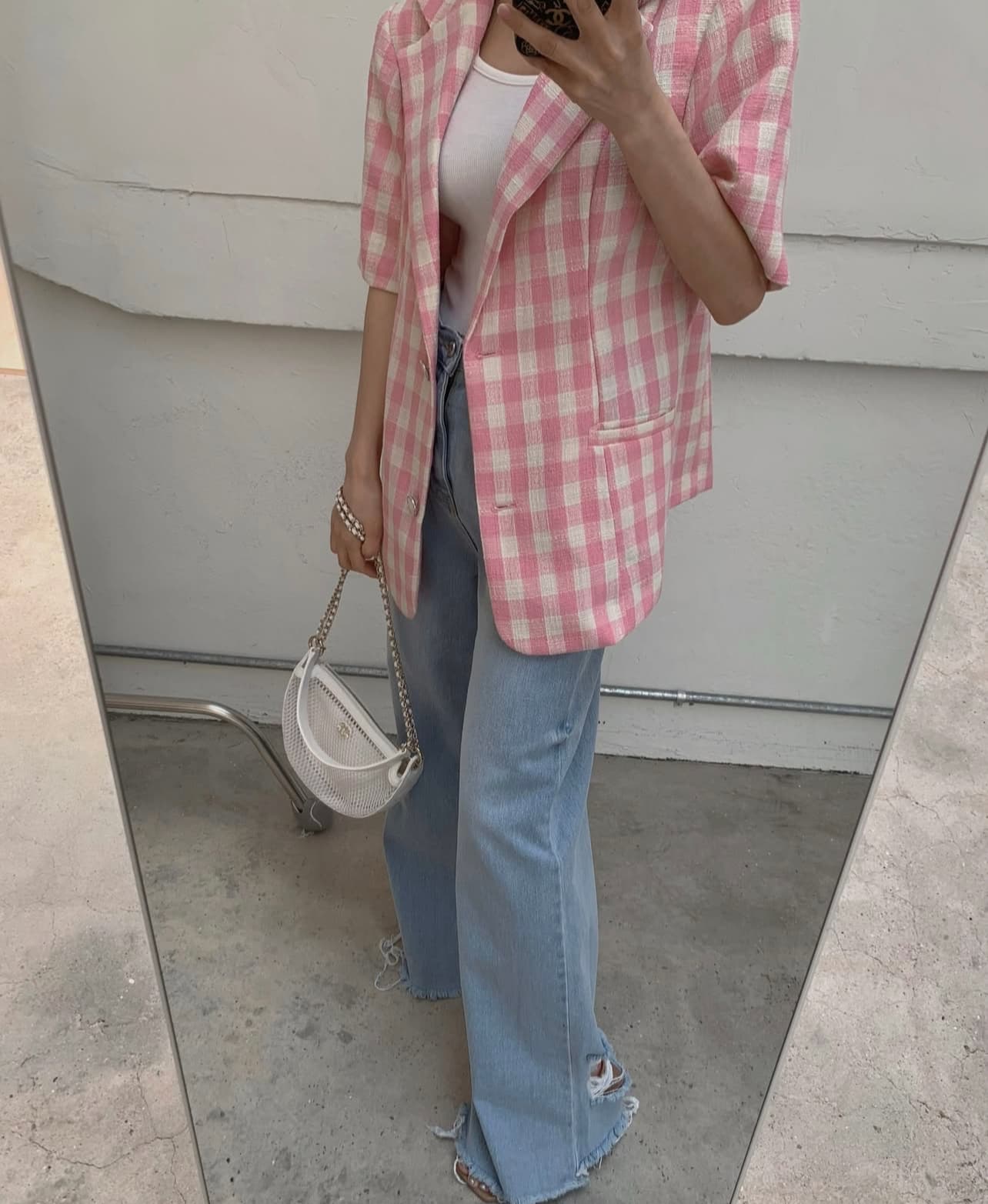한국 ins 고유 한 패치워크 색상 체크무늬 부서 버클 폴로 칼라 반팔 블레이저 상세 이미지 18