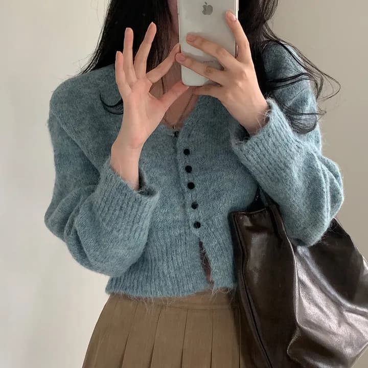 한국 chic 레트로 따뜻한 부드럽다 찹쌀 혼합 양모 털 니트 오픈 가디건 상세 이미지 13