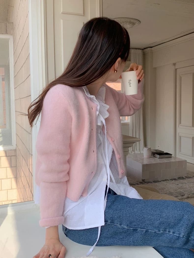 있음 선적 한국 ins 소녀 부드러운 센스 작은 원 칼라 단추 플러시 플러시 짧은 스웨터 오픈 가디건 상세 이미지 4