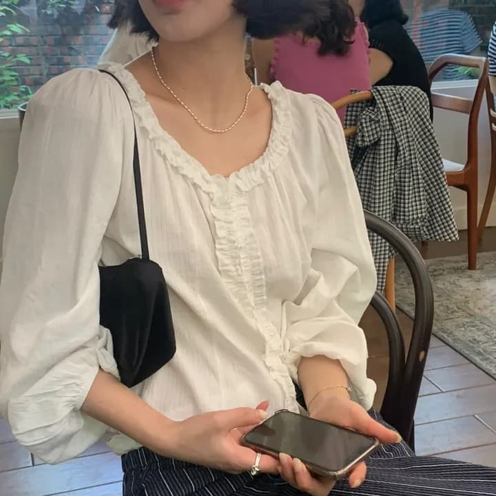 한국 ins 달콤함 연령 감소 레이스 싱글 줄 버튼 거품 소매 셔츠 이미지 2
