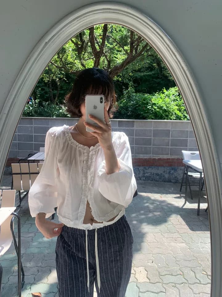 한국 ins 달콤함 연령 감소 레이스 싱글 줄 버튼 거품 소매 셔츠 상세 이미지 1