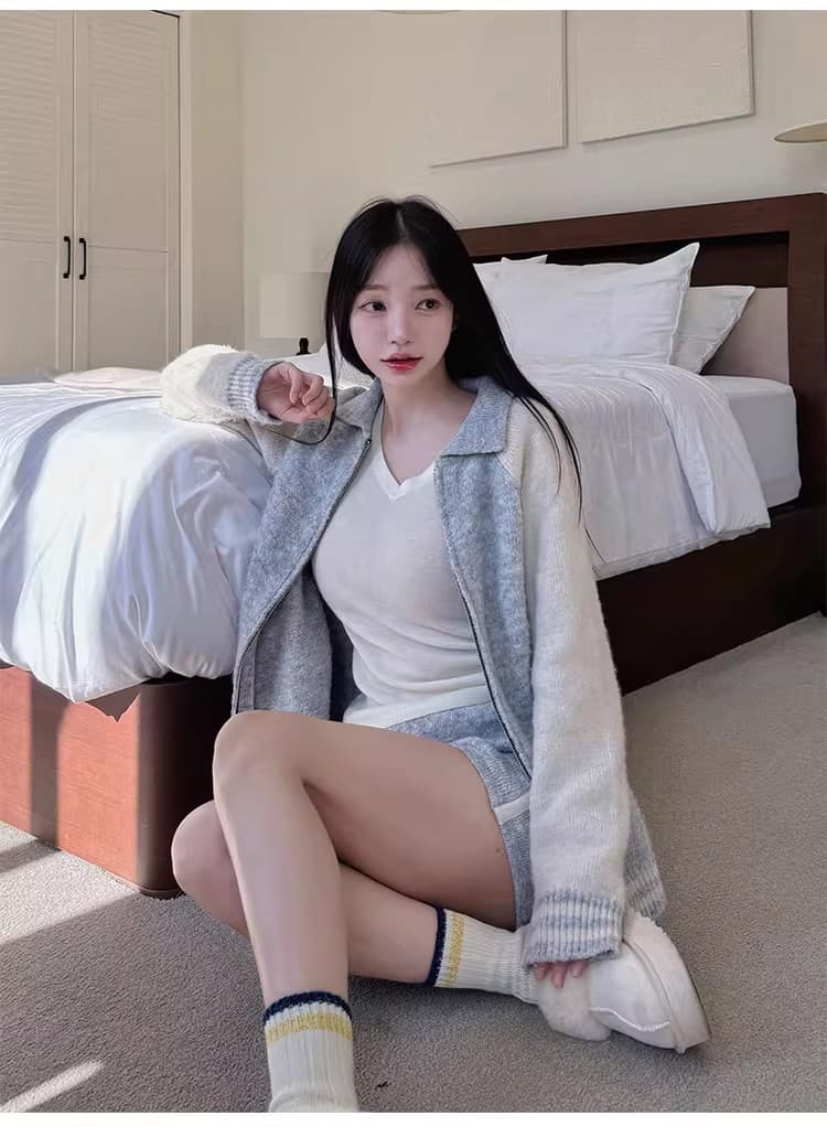 한국 chic 패치워크 색상 지퍼 긴팔 야구 유니폼 니트 세트 상세 이미지 2