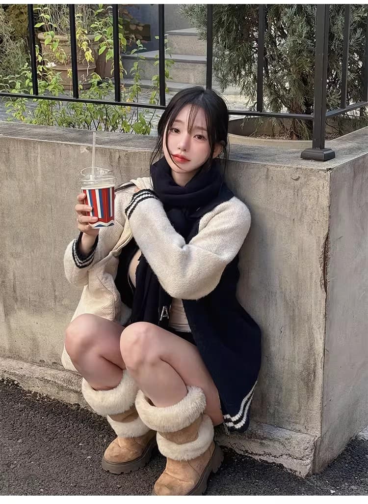 한국 chic 패치워크 색상 지퍼 긴팔 야구 유니폼 니트 세트 상세 이미지 22