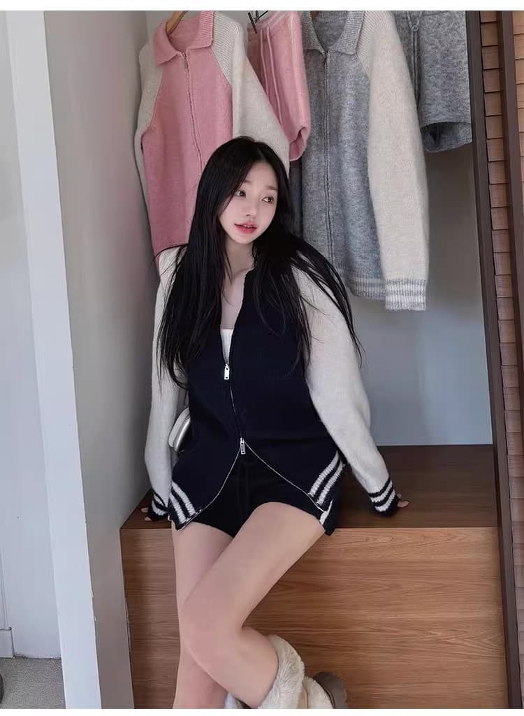 한국 chic 패치워크 색상 지퍼 긴팔 야구 유니폼 니트 세트 상세 이미지 23