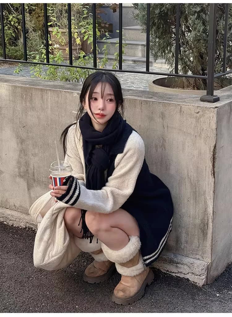 한국 chic 패치워크 색상 지퍼 긴팔 야구 유니폼 니트 세트 상세 이미지 27