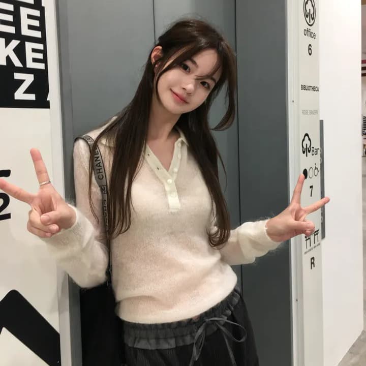 있음 선적 한국 ins 부드러운 미니멀리즘 일상 출퇴근 폴로 칼라 부서 버클 긴팔 니트 스웨터 이미지 2