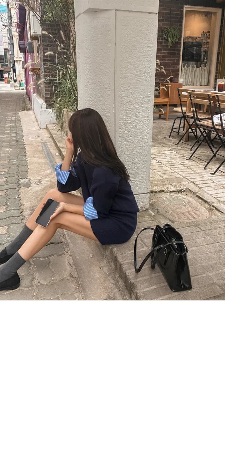 있음 선적 한국 ins 작은 대중 패치워크 스트라이프 긴팔 니트 스웨터 미니 스커트 세트 상세 이미지 15