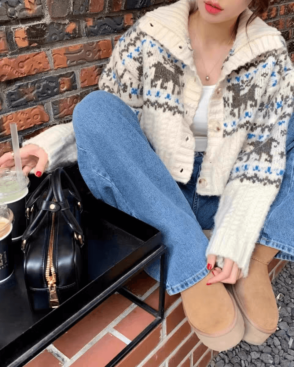 있음 선적 한국 ins 레트로 무늬 작은 폴로 칼라 크리스마스 작은 사슴 패턴 니트 스웨터 코트 이미지 2
