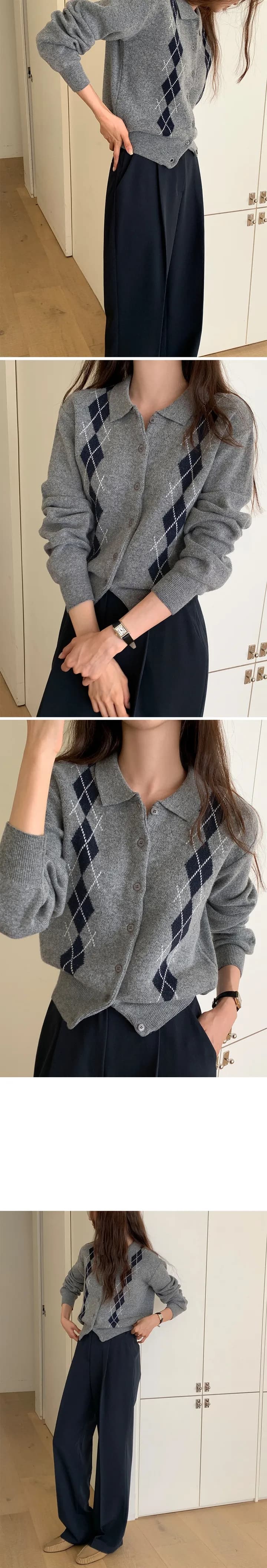 있음 선적 한국 ins 클래식 레트로 링 그리드 배색 니트 오픈 가디건 상세 이미지 2