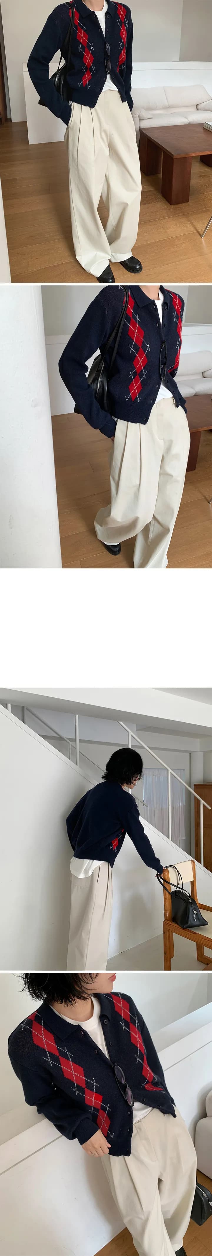 있음 선적 한국 ins 클래식 레트로 링 그리드 배색 니트 오픈 가디건 상세 이미지 5