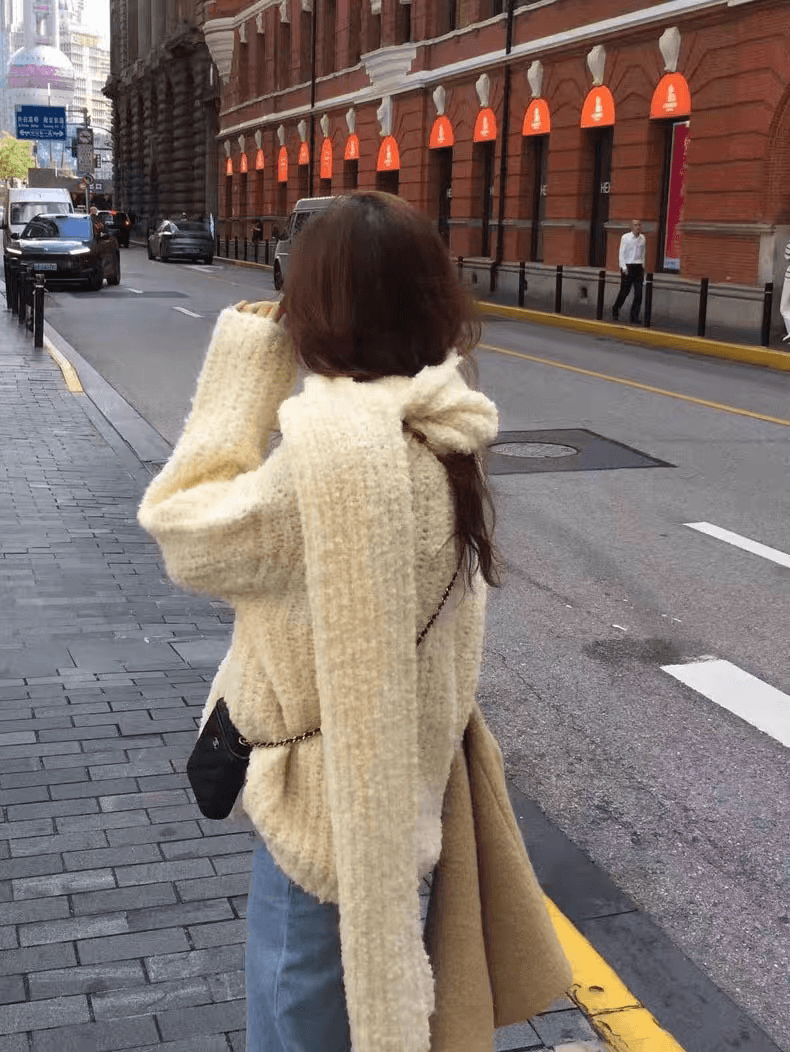 있음 선적 한국 ins 가을 겨울 분위기 센스 부드러운 찹쌀 V넥 루즈핏 스웨터 스카프 set 3 색 상세 이미지 6