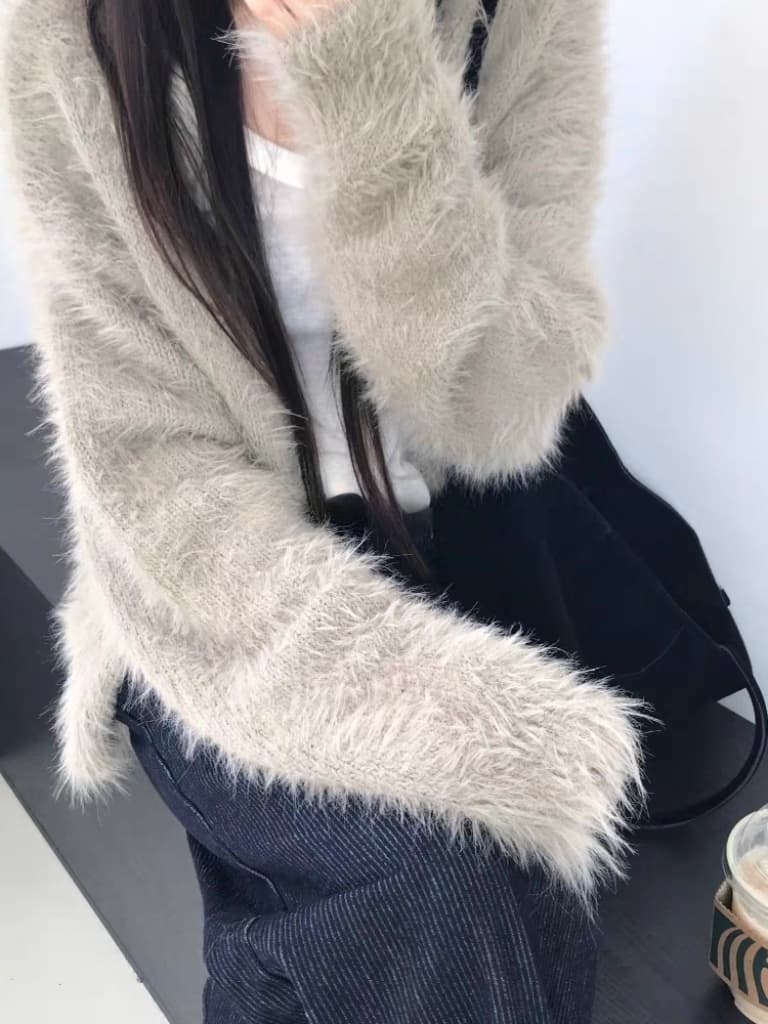 있음 선적 한국 ins 작은 대중 디자인 센스 푹신한 플리스 오픈 가디건 이미지 3