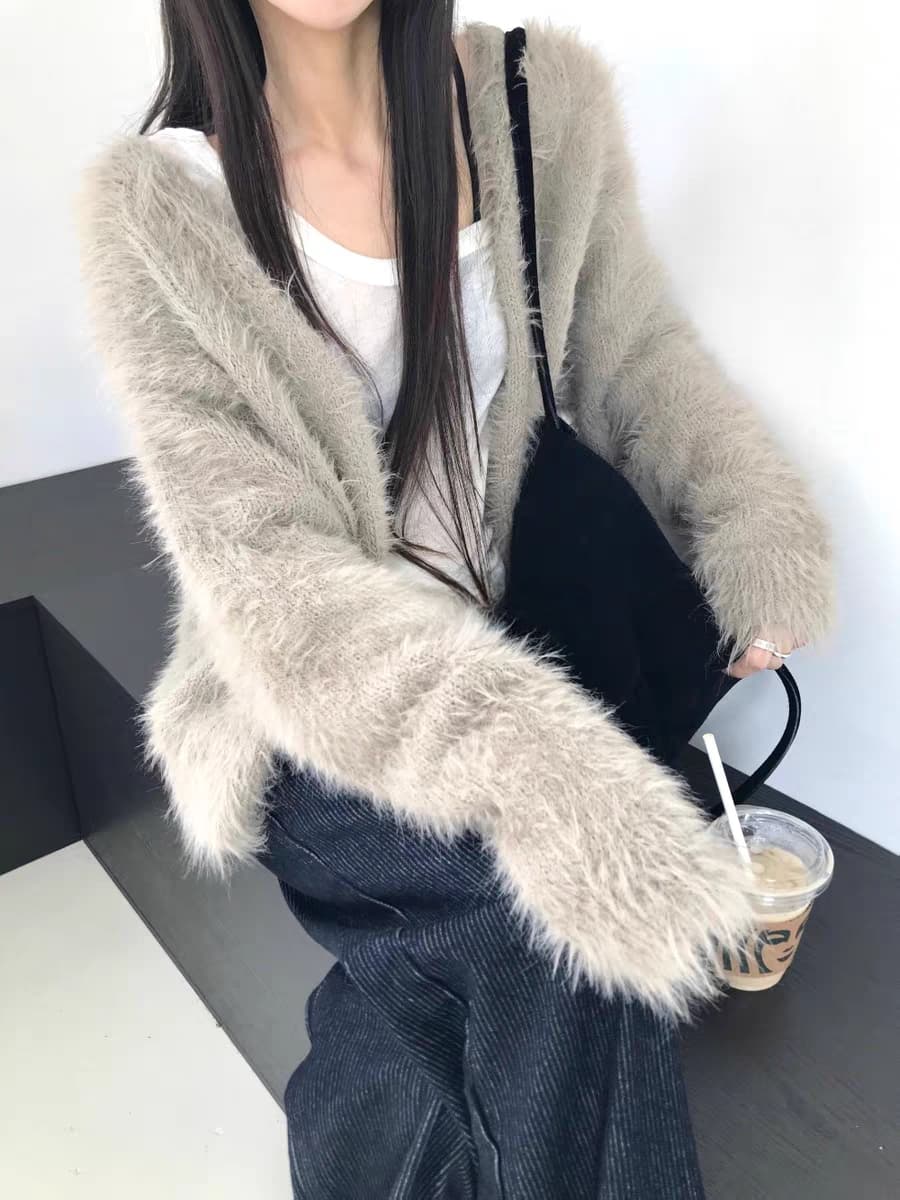있음 선적 한국 ins 작은 대중 디자인 센스 푹신한 플리스 오픈 가디건 이미지 4