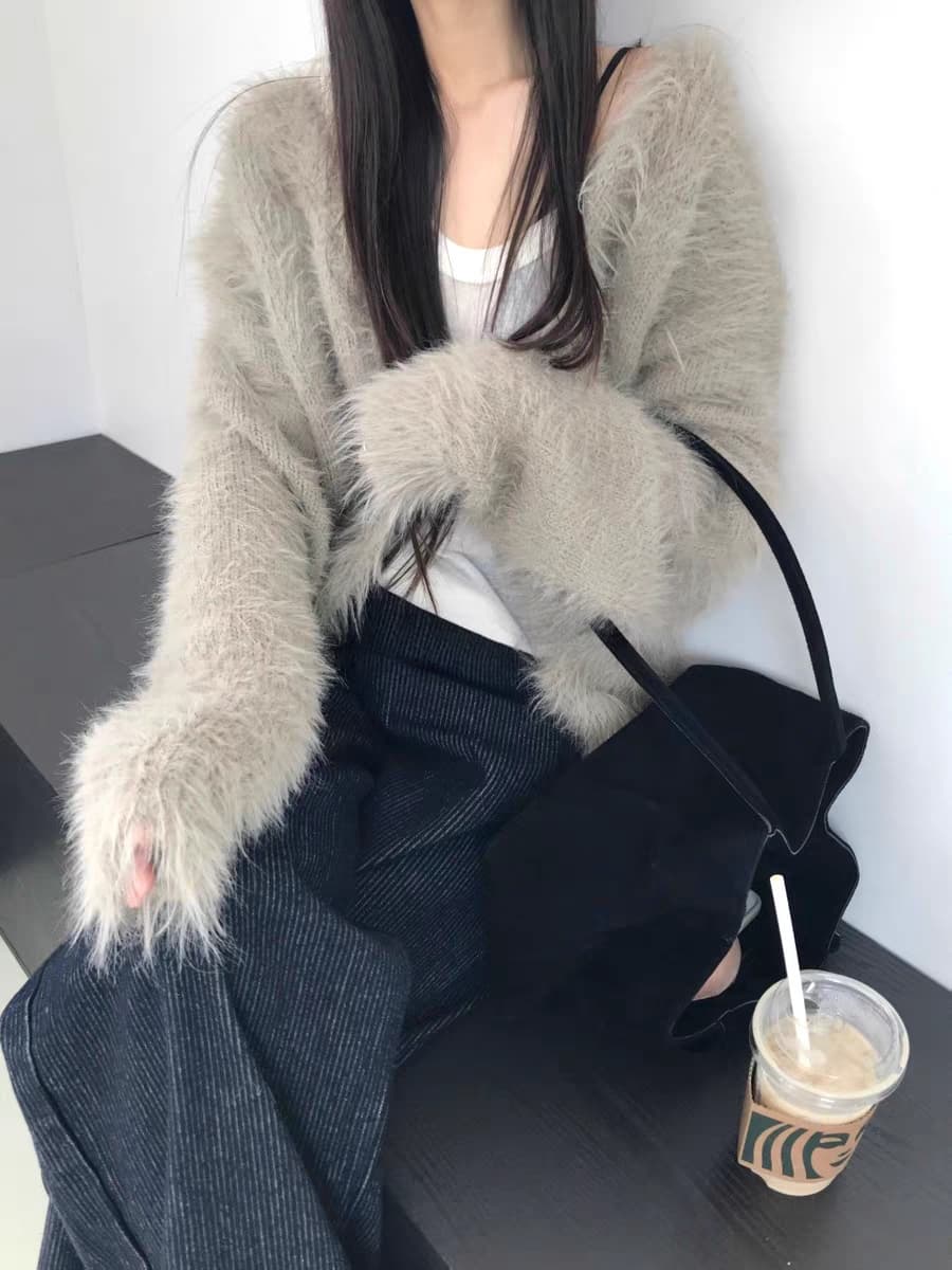 있음 선적 한국 ins 작은 대중 디자인 센스 푹신한 플리스 오픈 가디건 상세 이미지 15