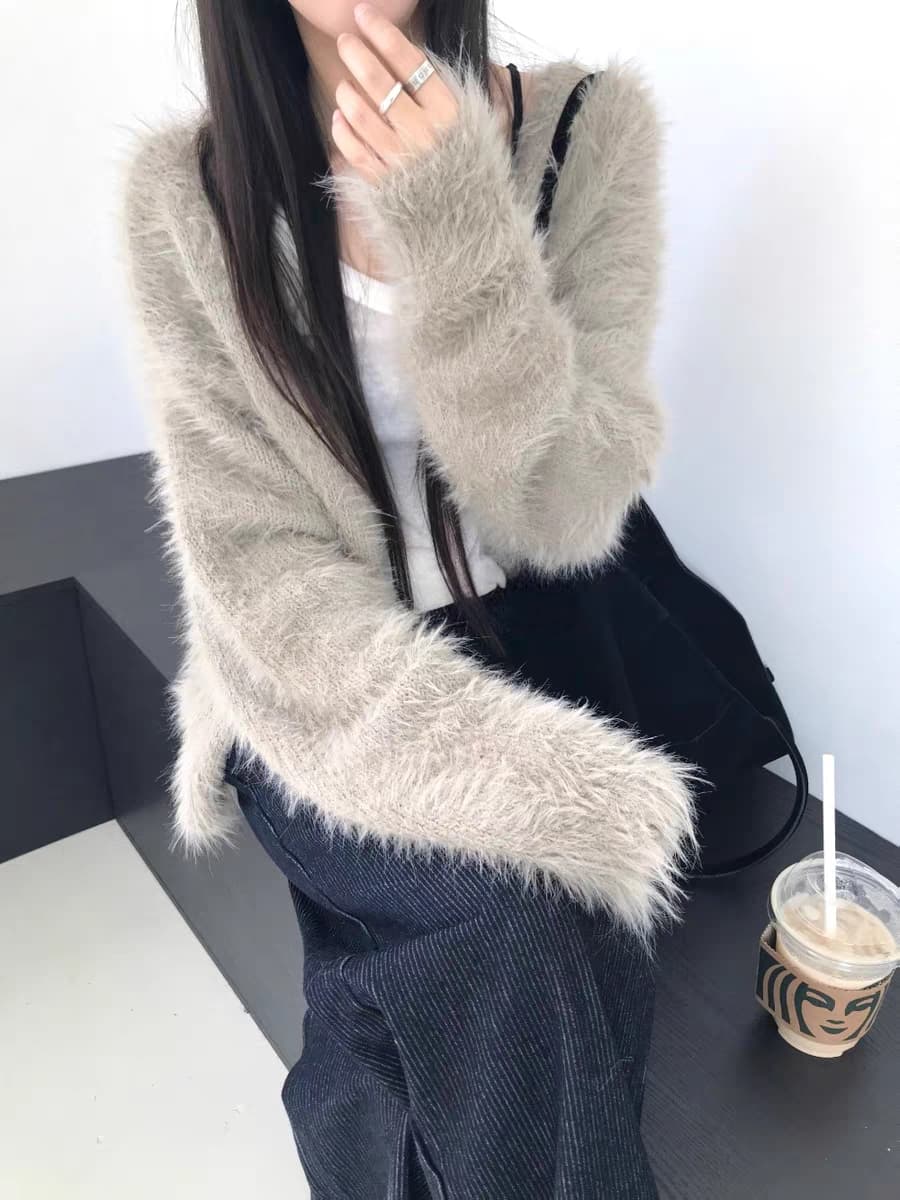 있음 선적 한국 ins 작은 대중 디자인 센스 푹신한 플리스 오픈 가디건 상세 이미지 22