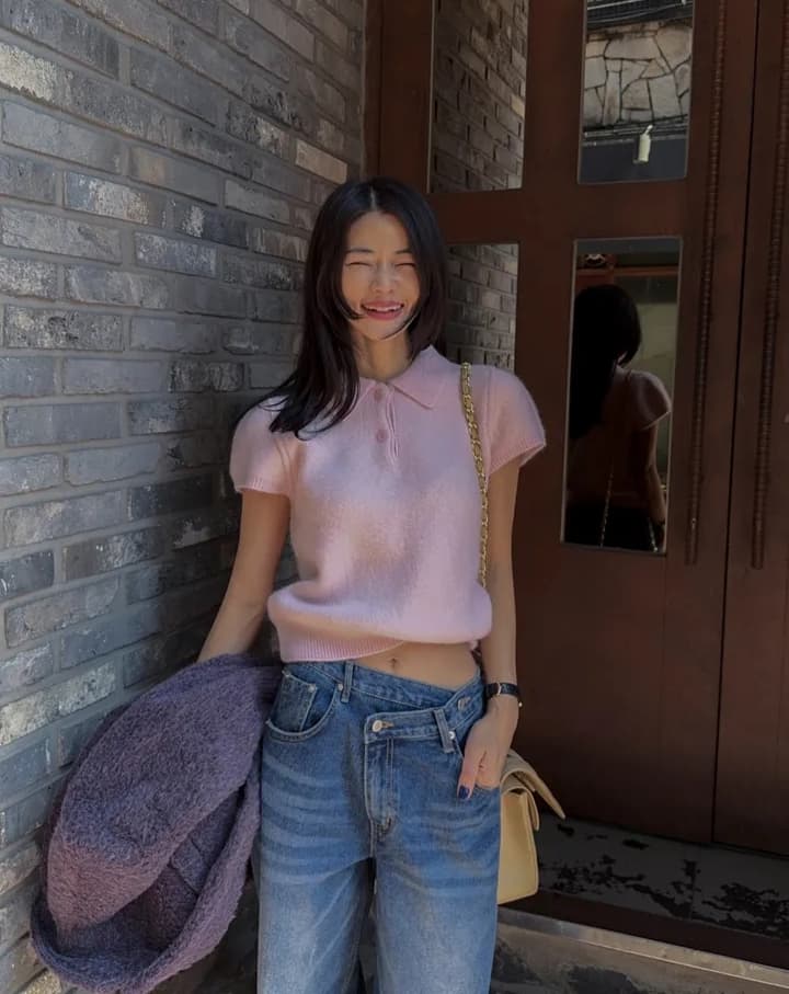 있음 선적 한국 ins 품격 연령 감소 달콤함 말 카드 용 색상 polo 폴로 칼라 반팔 니트 스웨터