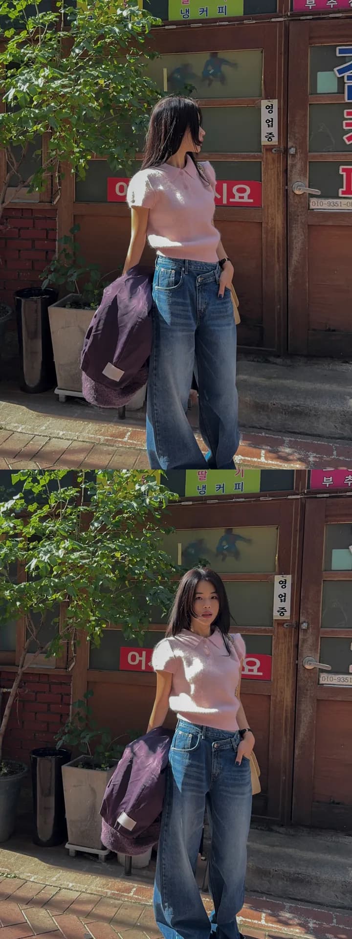있음 선적 한국 ins 품격 연령 감소 달콤함 말 카드 용 색상 polo 폴로 칼라 반팔 니트 스웨터 상세 이미지 3