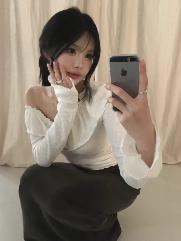있음 선적 한국 ins 달콤함 프릴 수 있습니다. 오프숄더 슬림해 보이는 맨위 상세 이미지 3