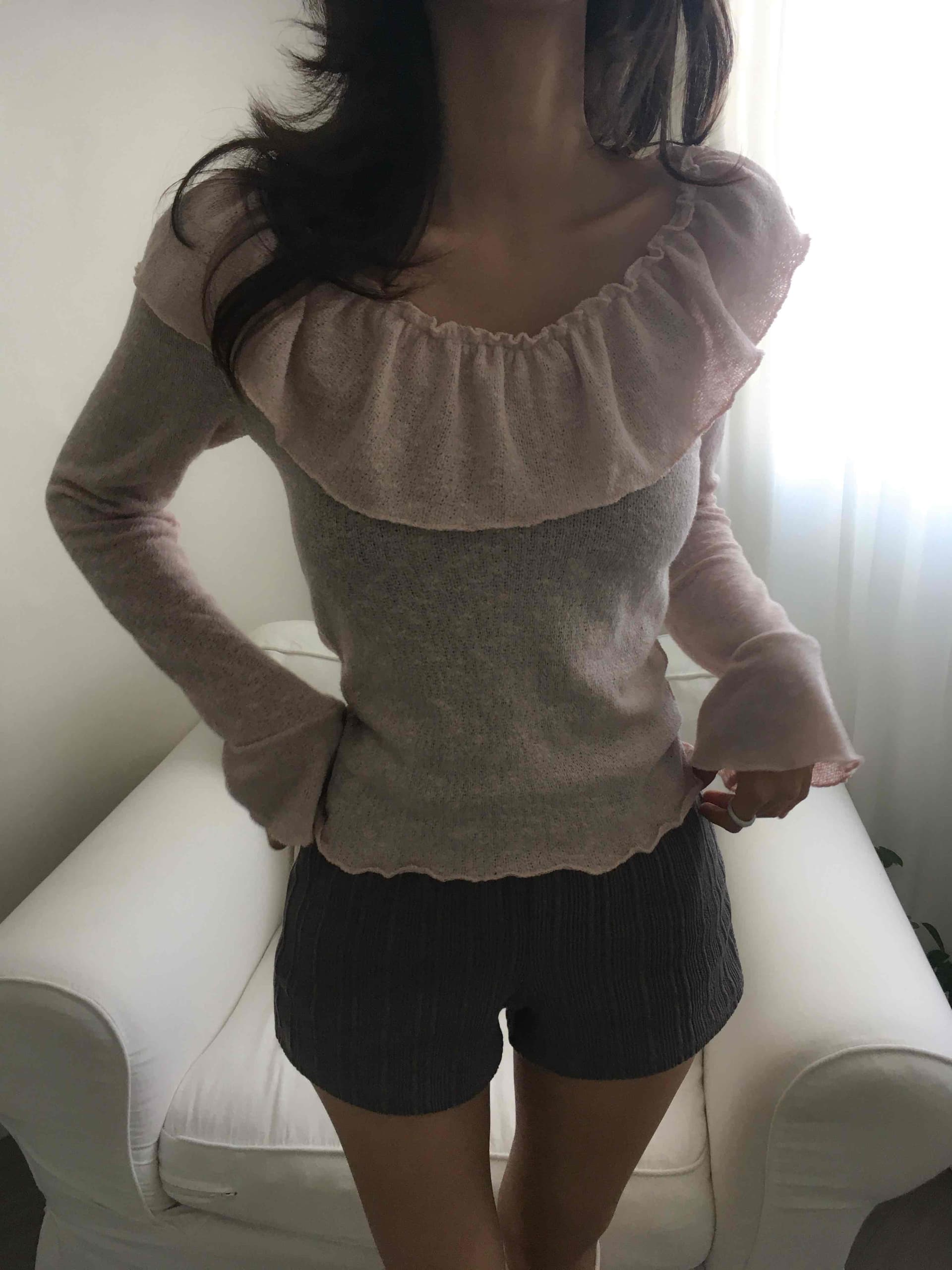 있음 선적 한국 ins 달콤함 프릴 수 있습니다. 오프숄더 슬림해 보이는 맨위 상세 이미지 8