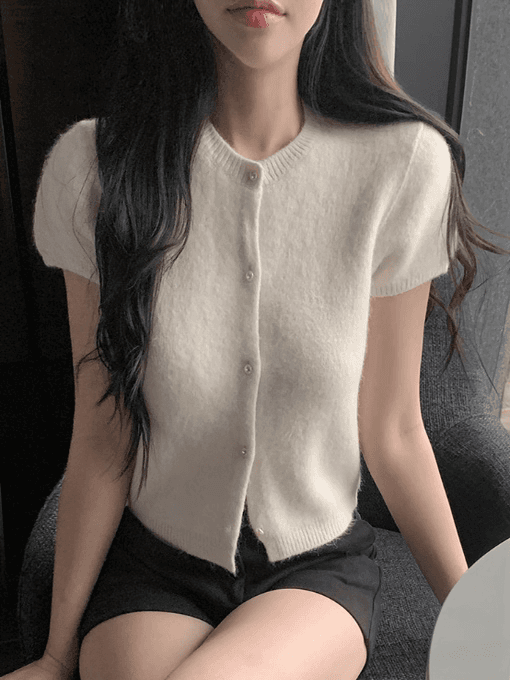 있음 선적 한국 ins 털이 많은 말 카드 용 색상 싱글 줄 버튼 반팔 니트 열기 셔츠