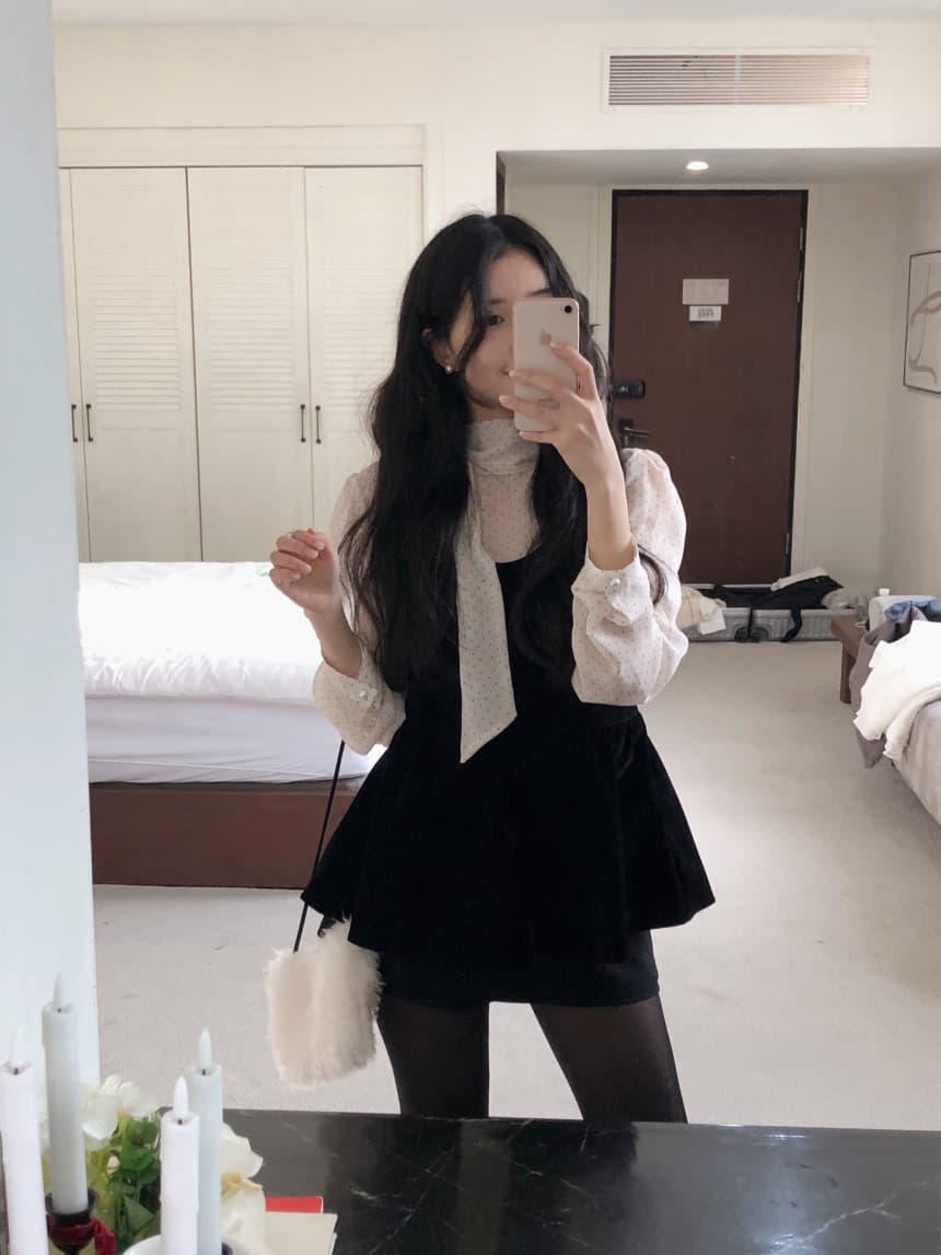 있음 선적 한국 ins 부드러운 스탠드 칼라 리본 배색 도트 무늬 시스루 만나는 스택 착용 셔츠 상세 이미지 13