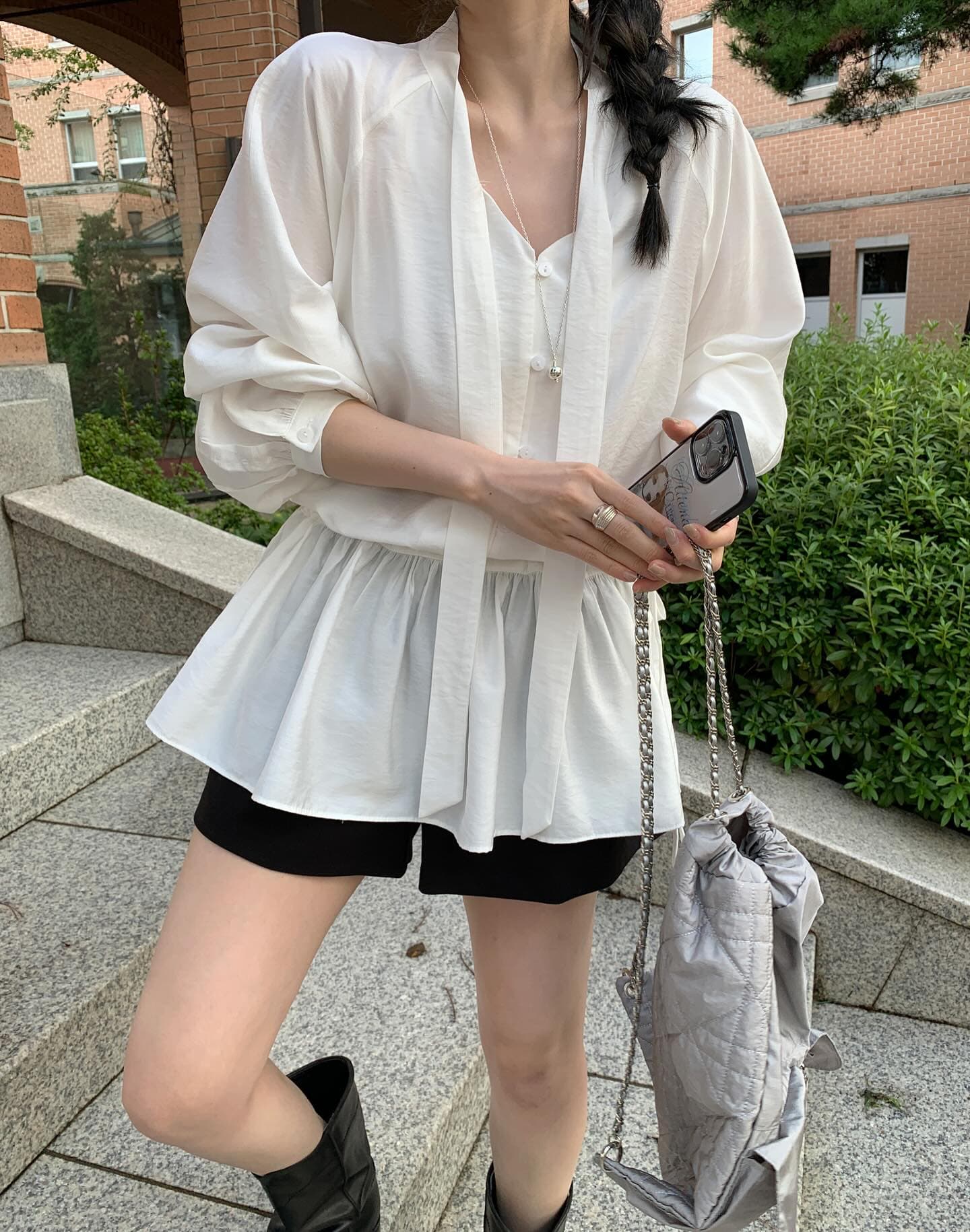 있음 선적 한국 chic 루즈핏 레이스 업 셔츠 상세 이미지 2