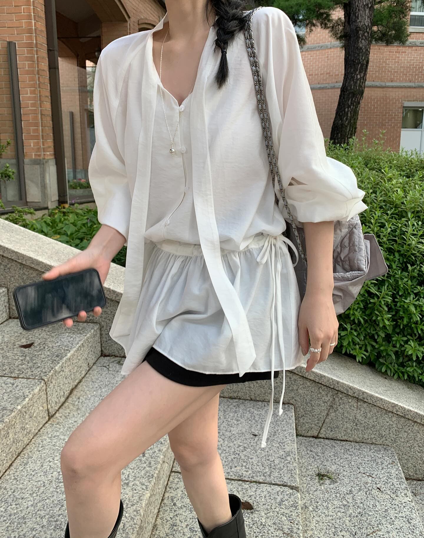 있음 선적 한국 chic 루즈핏 레이스 업 셔츠 상세 이미지 7