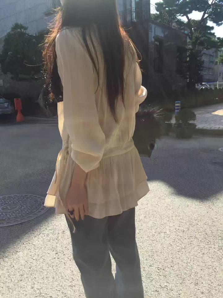 있음 선적 한국 ins 긴팔 허리 수축 끈 미니 드레스 상세 이미지 4