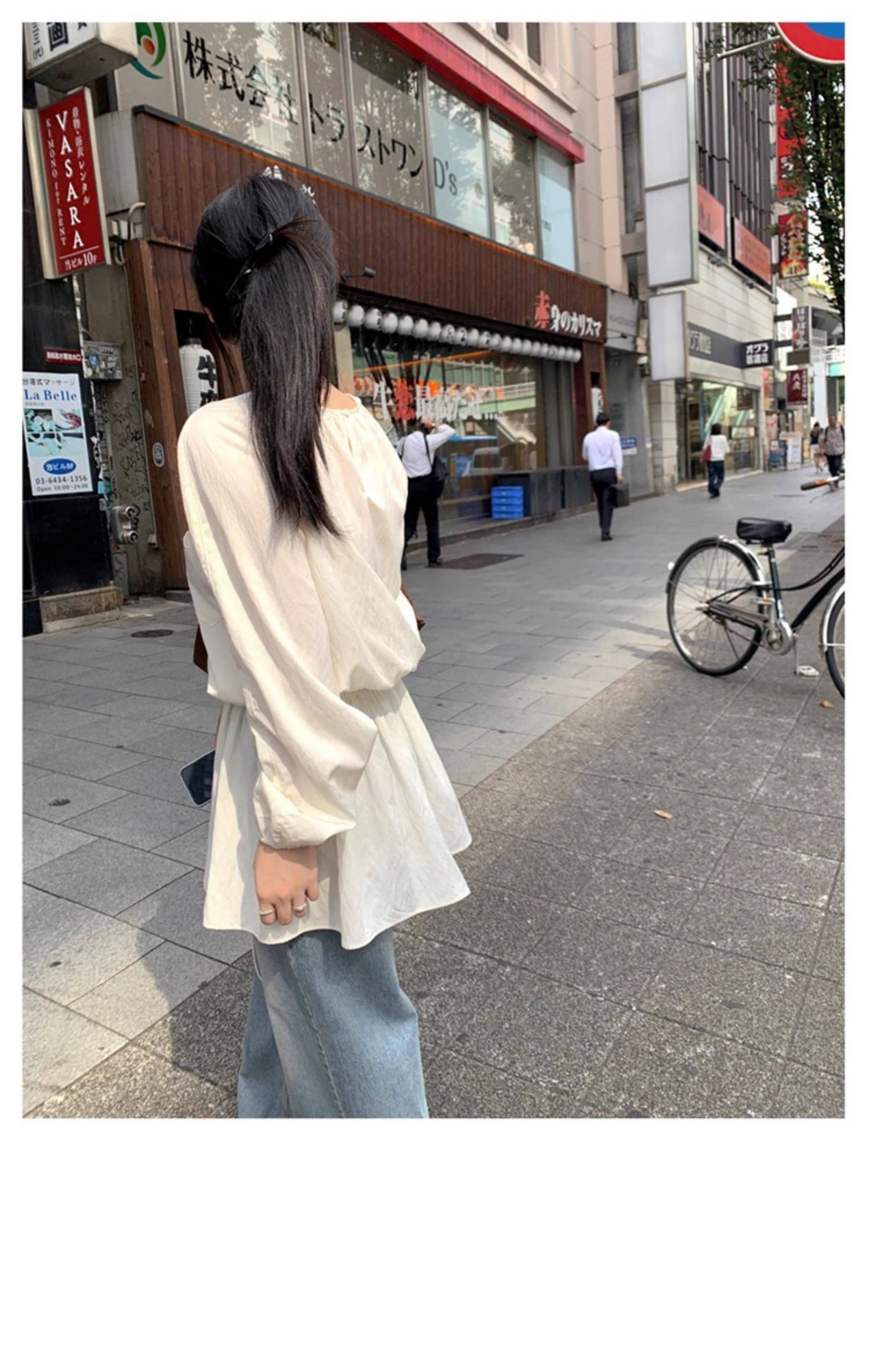 있음 선적 한국 ins 달콤함 소녀 쇼트 스타일 허리 수축 긴팔 드레스 상세 이미지 21