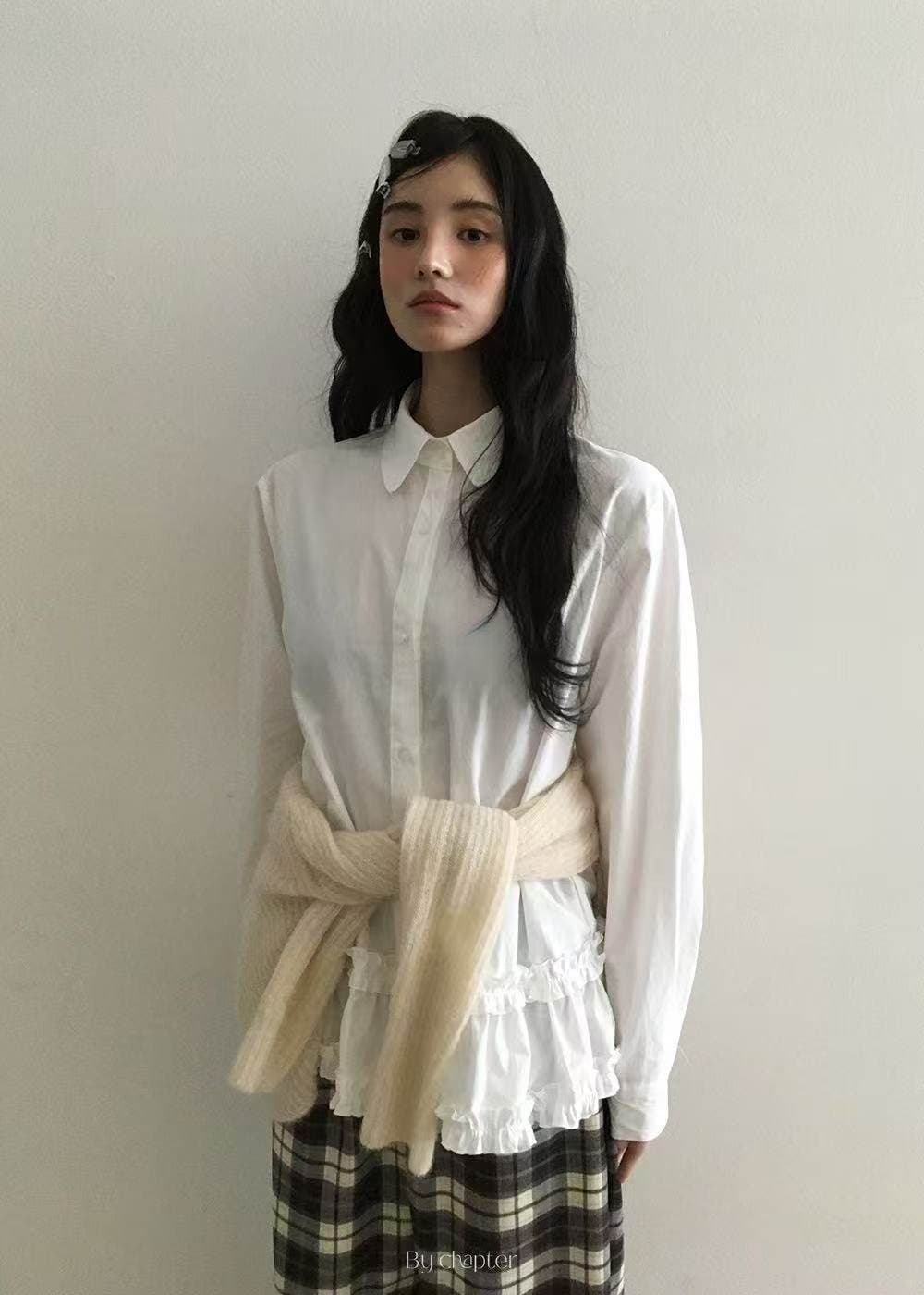 한국 ins 디자인 센스 작은 대중 폴로 칼라 주름 레이스 밑단 셔츠 이미지 2