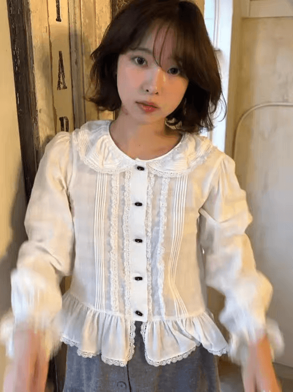 있음 선적 한국 ins 달콤함 연령 감소 작은 대중 디자인 베이비 칼라 레이스 셔츠 이미지 3