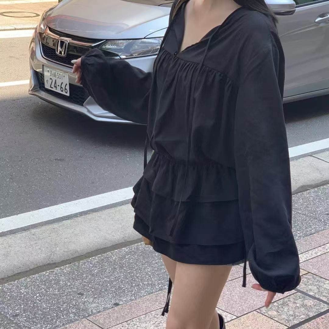 있음 선적 한국 ins V넥 레이스업 펌프 로프 프릴 밑단 셔츠 스타일 드레스 이미지 3