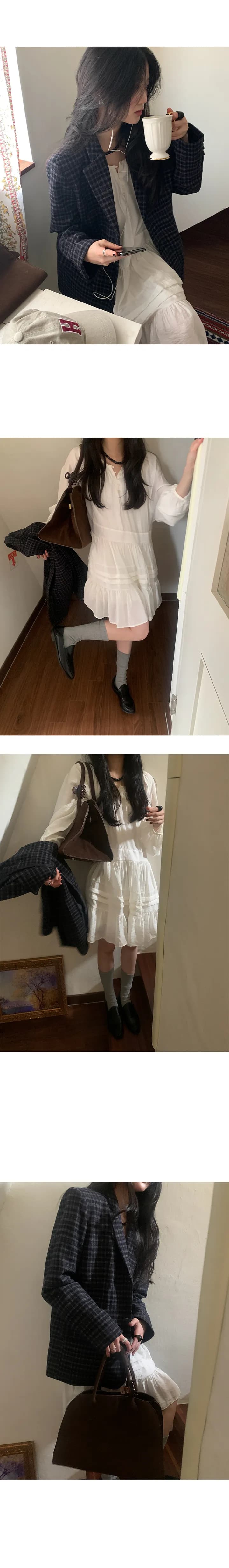 있음 선적 한국 ins 단색 미니멀리즘 패치워크 디자인 센스 캐주얼 허리 수축 드레스 상세 이미지 5