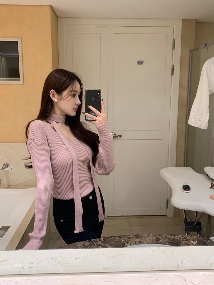 있음 선적 한국 ins 작은 섹시함 V넥 행침 목 리본 구덩이 기사 부드러운 찹쌀 니트 스웨터 상세 이미지 23