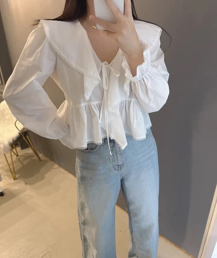 있음 선적 한국 동대문 프릴 레이스업 나팔 소매 셔츠 자외선 차단 꽃무늬 쉬폰 상세 이미지 1