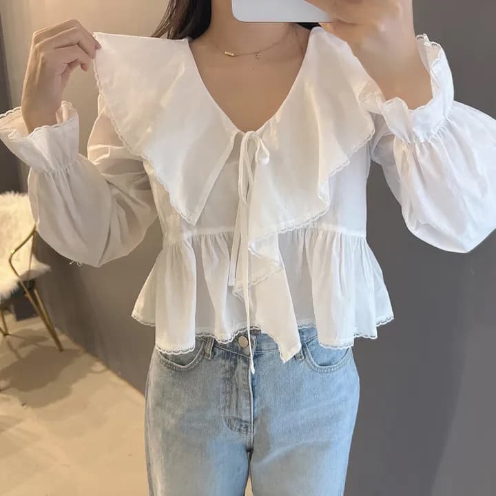 있음 선적 한국 동대문 프릴 레이스업 나팔 소매 셔츠 자외선 차단 꽃무늬 쉬폰 상세 이미지 2