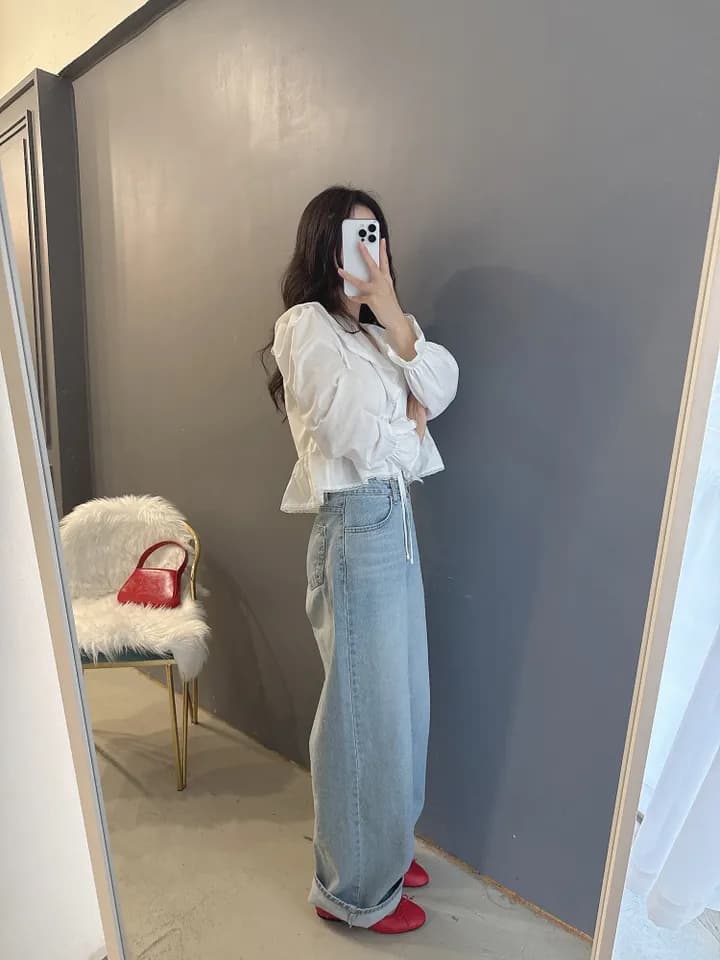 있음 선적 한국 동대문 프릴 레이스업 나팔 소매 셔츠 자외선 차단 꽃무늬 쉬폰 상세 이미지 4