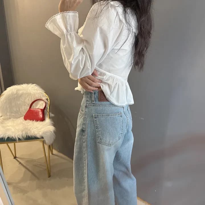 있음 선적 한국 동대문 프릴 레이스업 나팔 소매 셔츠 자외선 차단 꽃무늬 쉬폰 상세 이미지 5