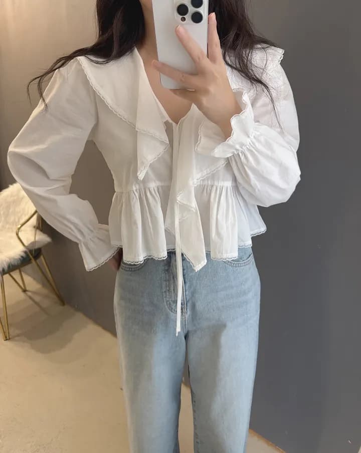 있음 선적 한국 동대문 프릴 레이스업 나팔 소매 셔츠 자외선 차단 꽃무늬 쉬폰 상세 이미지 6