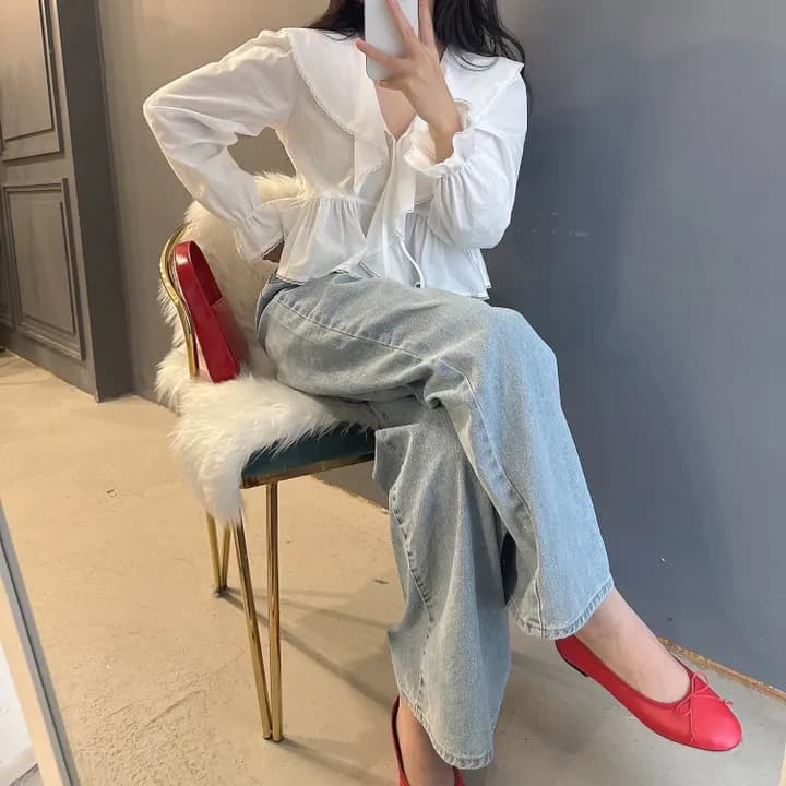 있음 선적 한국 동대문 프릴 레이스업 나팔 소매 셔츠 자외선 차단 꽃무늬 쉬폰 상세 이미지 8