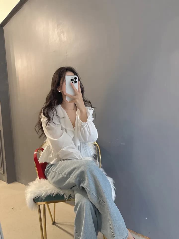 있음 선적 한국 동대문 프릴 레이스업 나팔 소매 셔츠 자외선 차단 꽃무늬 쉬폰 상세 이미지 10